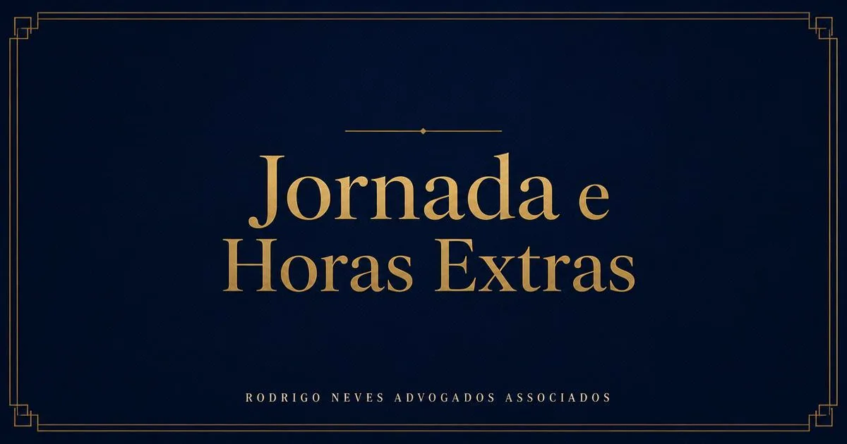 Capa do artigo sobre jornada e horas extras: fundo azul-marinho com moldura dourada e o tema "Jornada e Horas Extras" em letras douradas